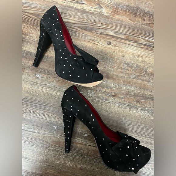 TARA SUBKOFF x BEBE Collab Swarovski Crystal & Bow Platform Peep Toe Stilettos - Picture 11 of 11